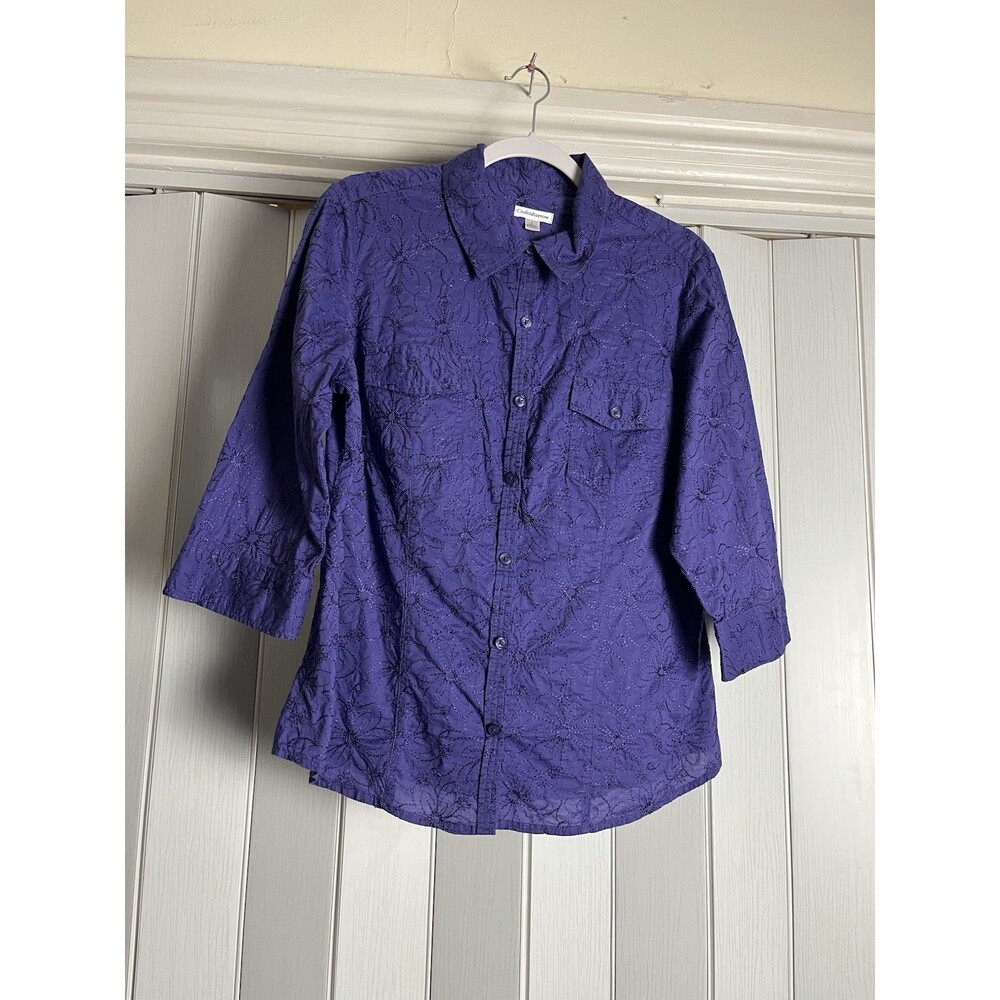 Croft & Barrow Cottagecore Purple Floral Embroidered Collared 3/4 Sleeve Shirt L